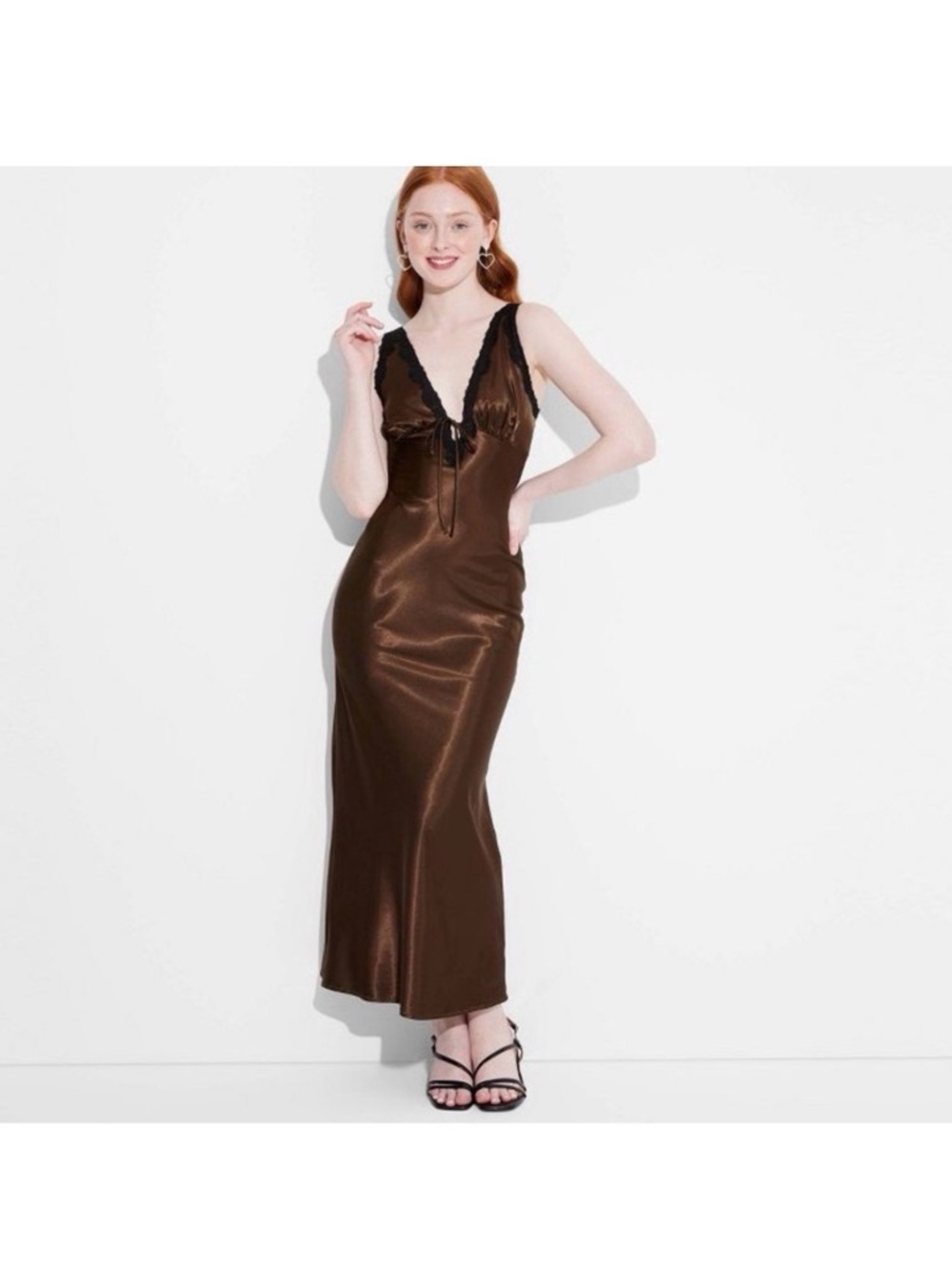 Satin Slip Dress with Lace Trim - Chocolate Brown